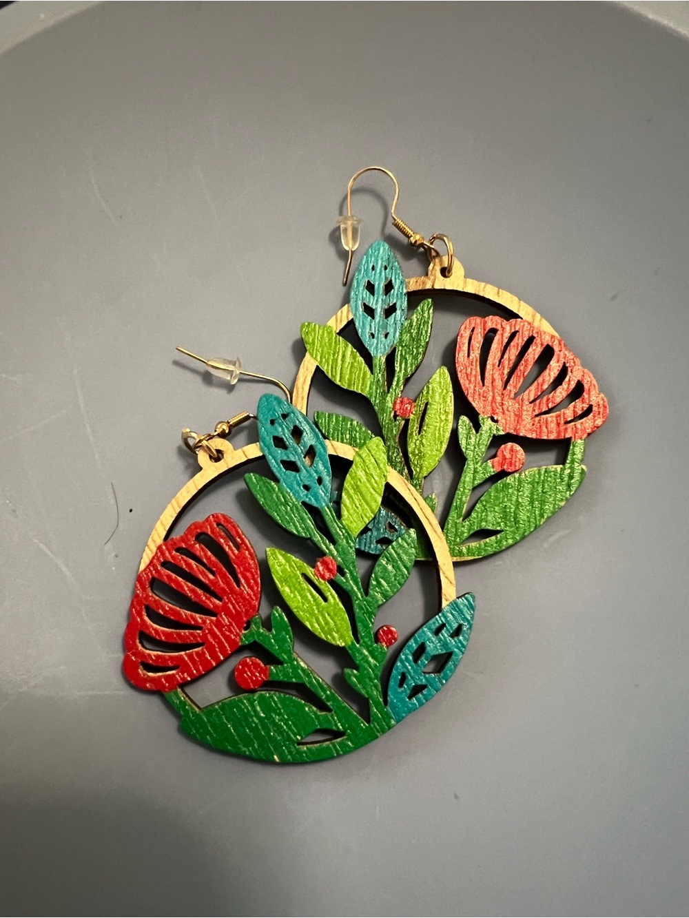 Colorful Floral Wood Drop Earrings — Red, Green & Teal